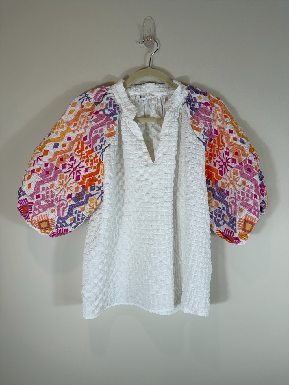THML White Textured Blouse with Orange, Pink & Purple Embroidered Puff Sleeves S